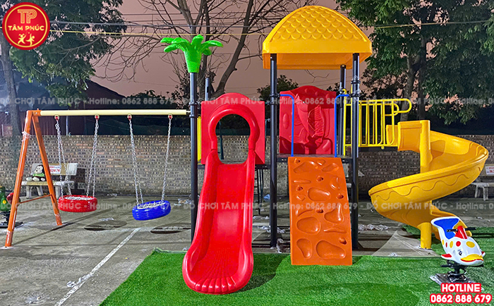Cầu trượt liên hoàn ngoài trời 2 khối xích đu mái Quả Bí SC1-026