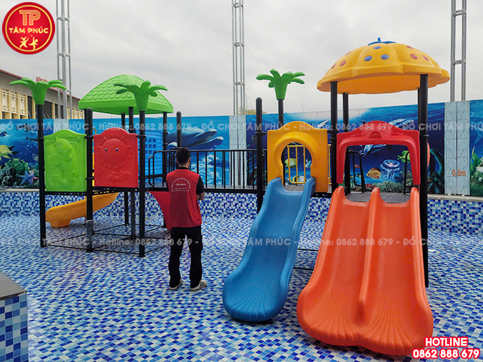 Cầu trượt liên hoàn ngoài trời 4 khối cầu mây sắt SC1-031