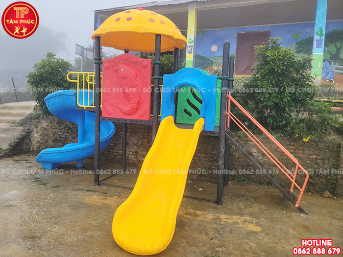 Bộ cầu trượt liên hoàn ngoài trời 2 khối cho bé mầm non